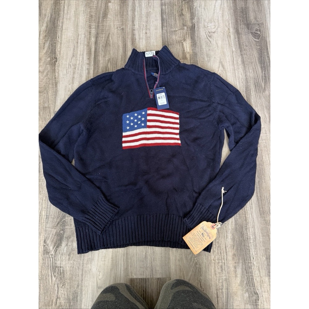 NWT Polo Ralph Lauren Men's Navy American Flag Knit Cotton Mock Zip Sweater XL